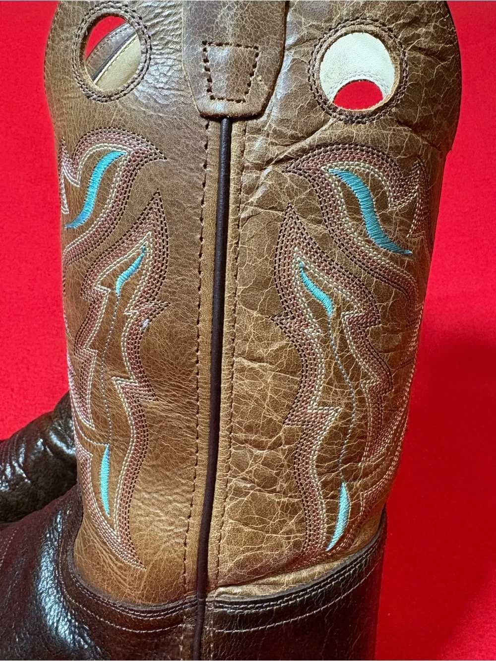 Old West Youth 6D Brown Leather Square Toe Cowboy Boots Blue Stitching